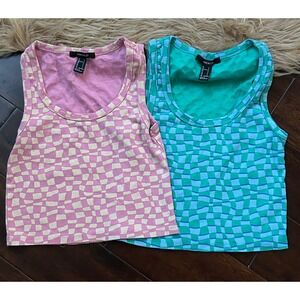 Forever 21 Tank Top Women's S Pink Green Checkerboard Sleeveless Crop Top‎